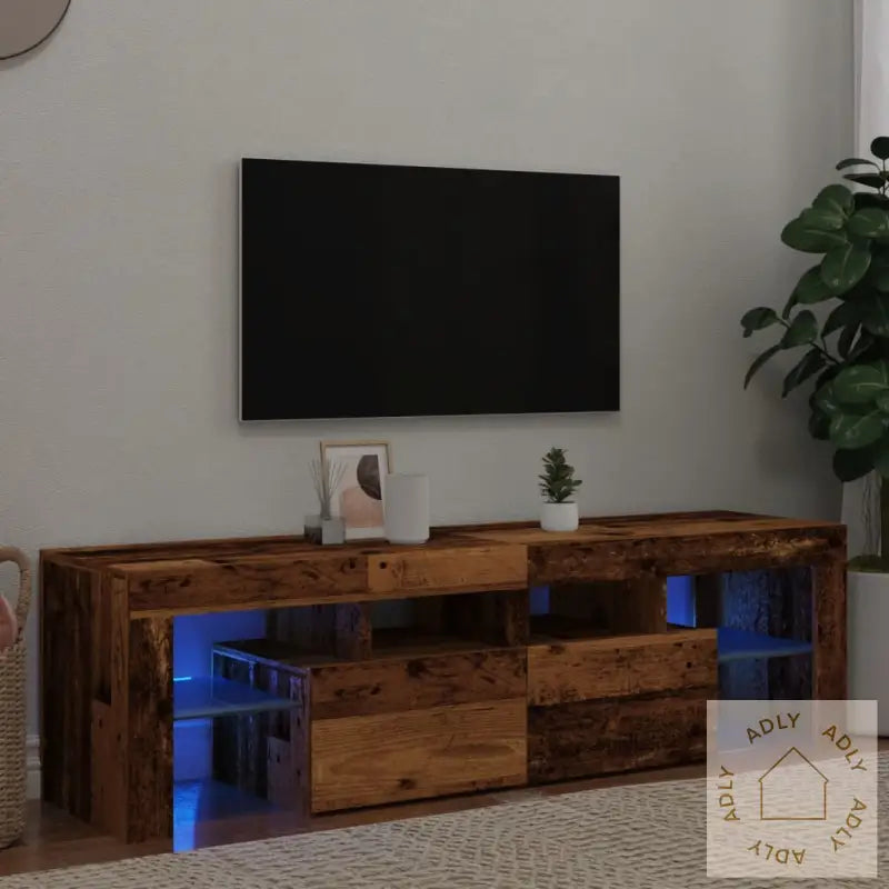 Tv-Benk Med Led-Lys Gammelt Tre 140X36,5X40 Cm Konstruert Tre