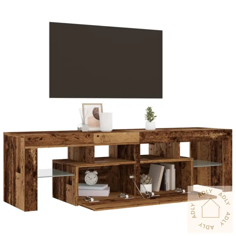 Tv-Benk Med Led-Lys Gammelt Tre 140X36,5X40 Cm Konstruert Tre