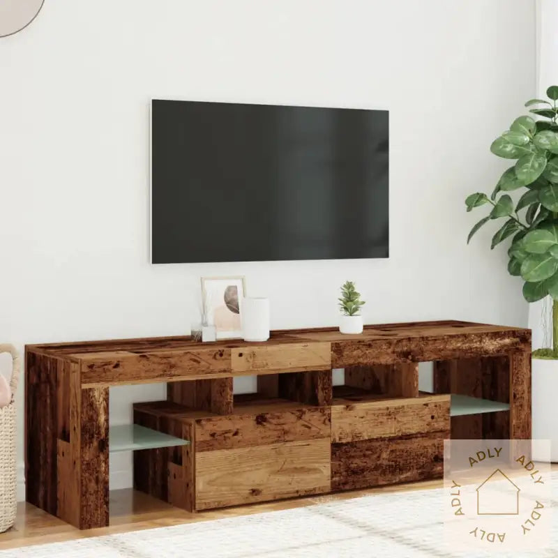 Tv-Benk Med Led-Lys Gammelt Tre 140X36,5X40 Cm Konstruert Tre