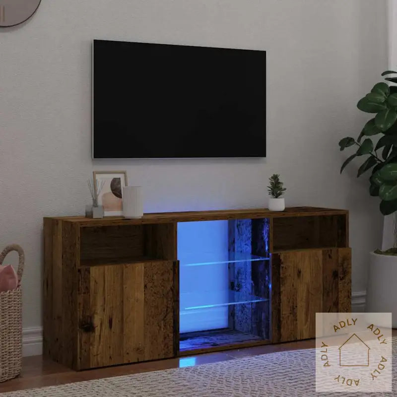 Tv-Benk Med Led-Lys Gammelt Tre 120X30X50 Cm Konstruert Tre