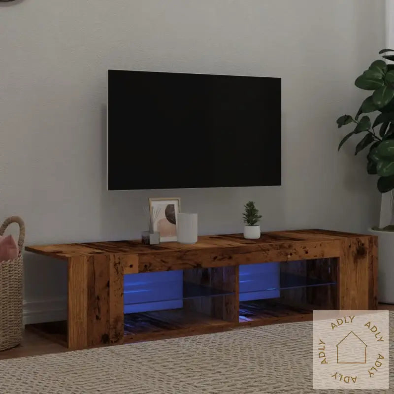 Tv-Benk Med Led-Lys Gammelt Tre 135X39X30 Cm Konstruert Tre