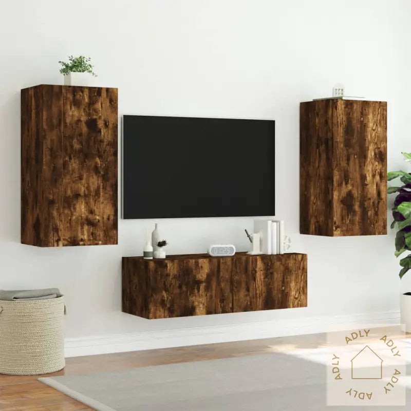 Vegghengt Tv-Benk Med Led Røkt Eik 40,5X35X80 Cm