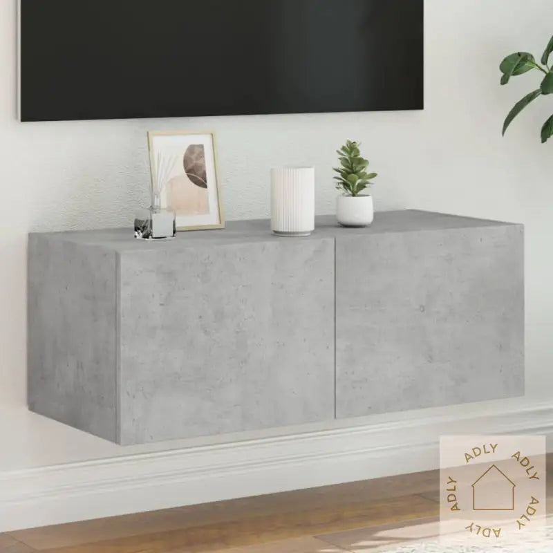 Vegghengt Tv-Benk Med Led-Lys Betonggrå 80X35X31 Cm