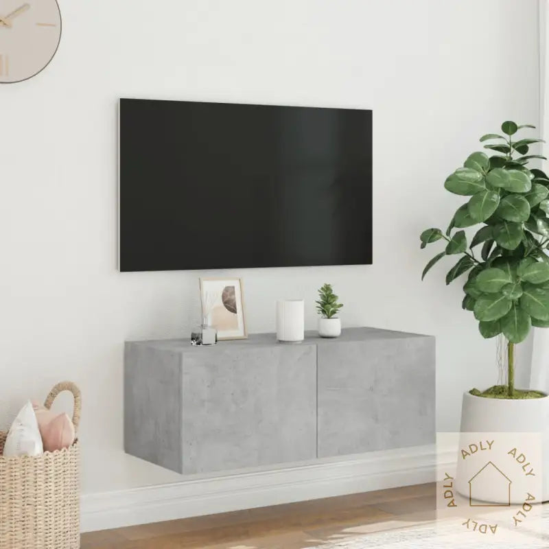 Vegghengt Tv-Benk Med Led-Lys Betonggrå 80X35X31 Cm