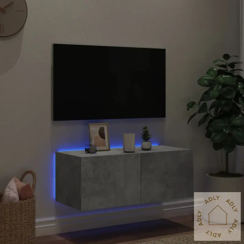 Vegghengt Tv-Benk Med Led-Lys Betonggrå 80X35X31 Cm