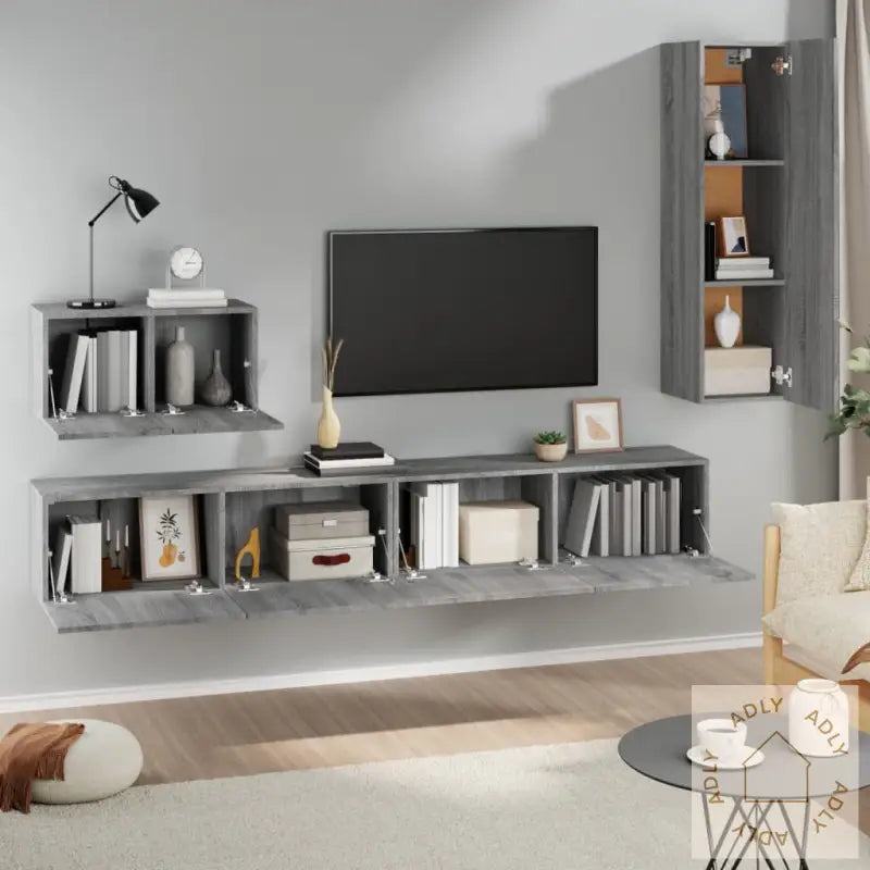 Tv-Skapsett 4 Deler Grå Sonoma Konstruert Tre