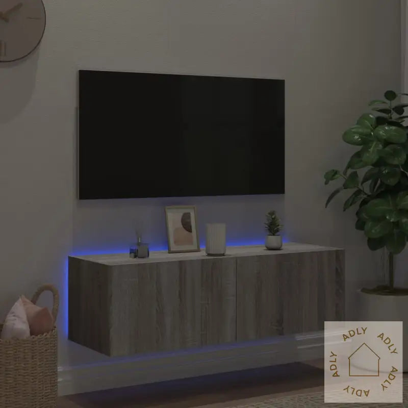 Vegghengt Tv-Benk Med Led Grå Sonoma 100X35X31 Cm
