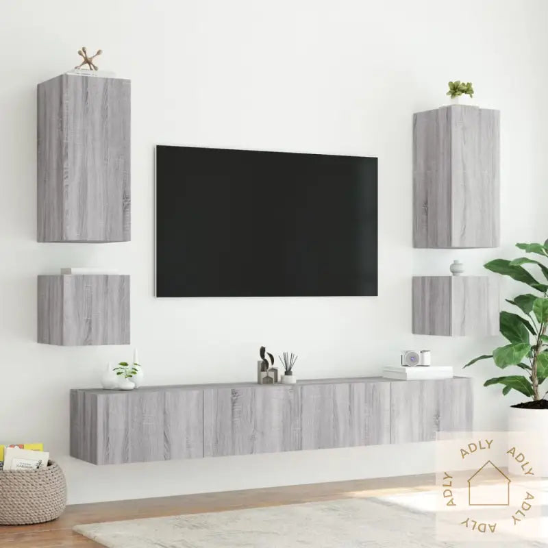 Vegghengt Tv-Benk Med Led Grå Sonoma 100X35X31 Cm