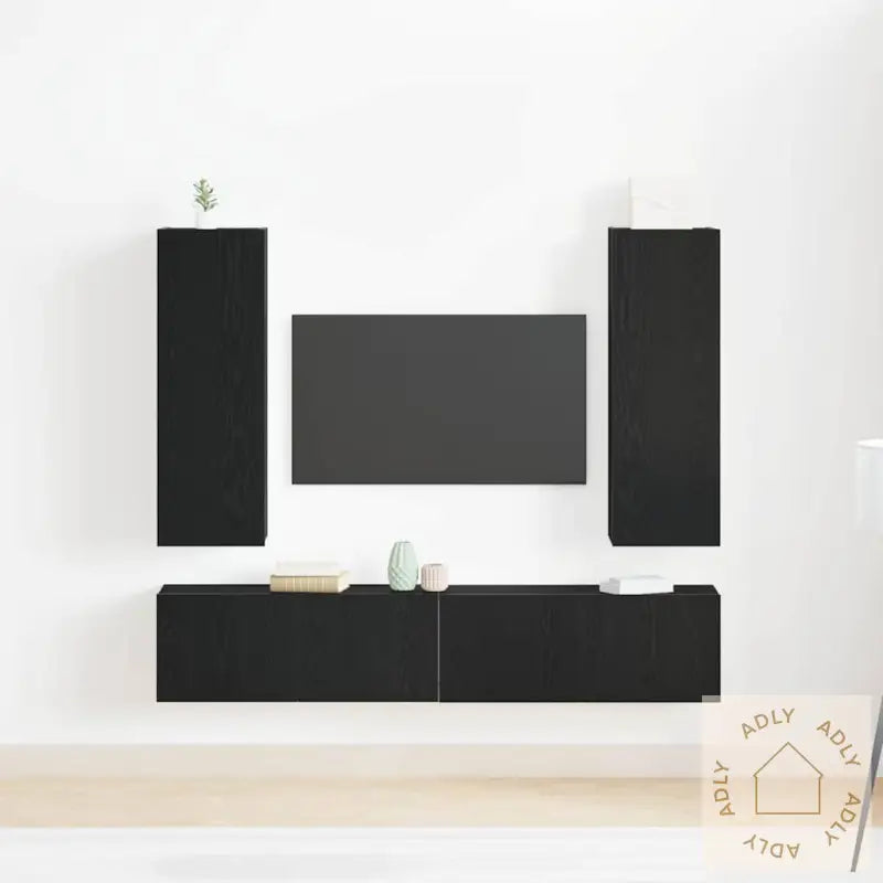 4-Delt Tv-Skapsett, Veggmontert I Svart Eik, Laget Av Konstruert Tre