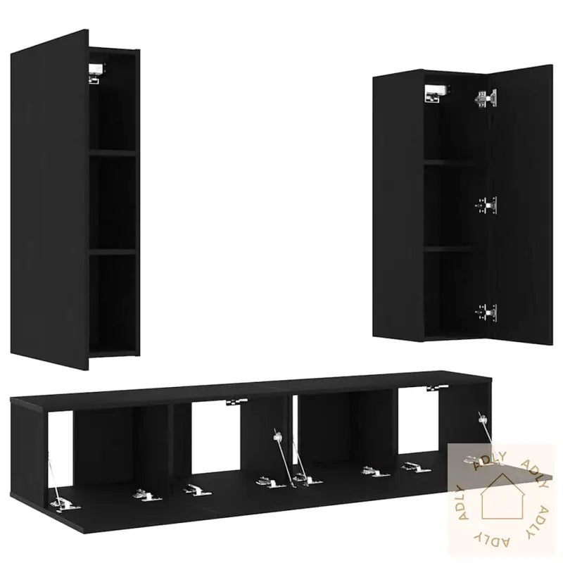 4-Delt Tv-Skapsett, Veggmontert I Svart Eik, Laget Av Konstruert Tre