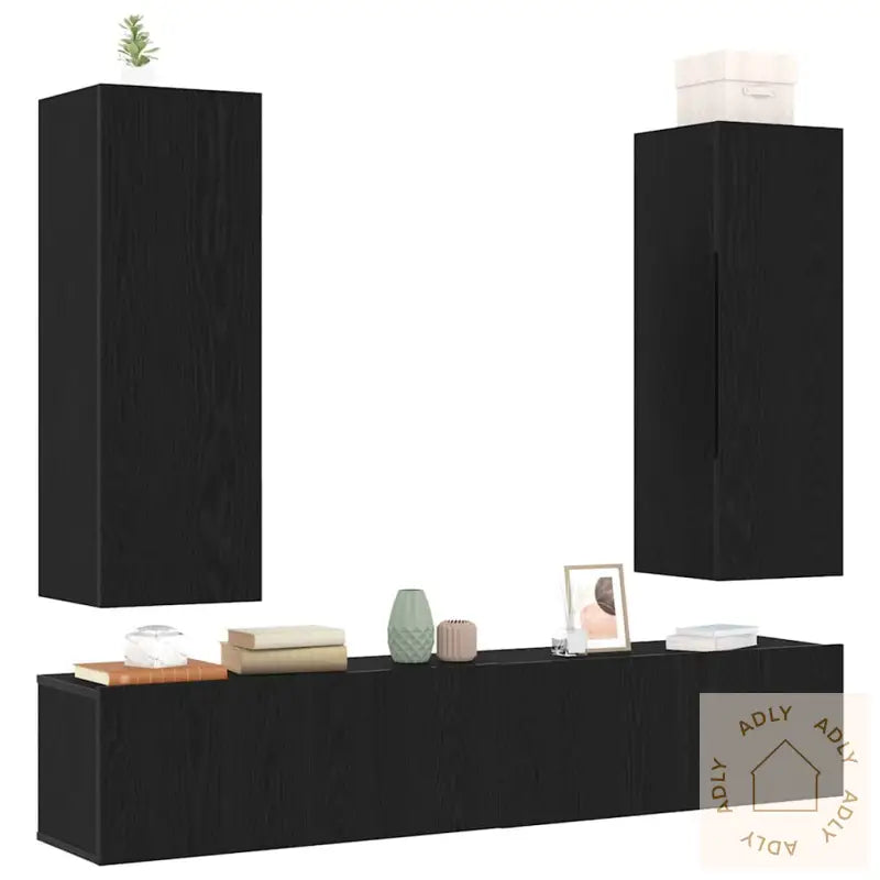 4-Delt Tv-Skapsett, Veggmontert I Svart Eik, Laget Av Konstruert Tre