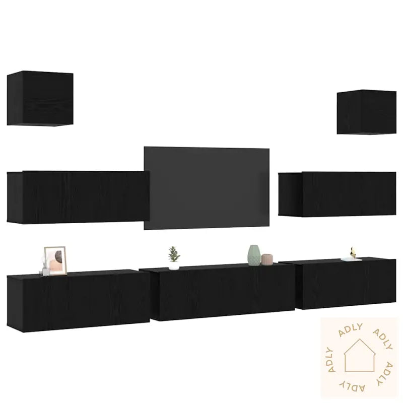 7 Piece Tv Cabinet Set Veggmontert Svart Eik Konstruert Tre