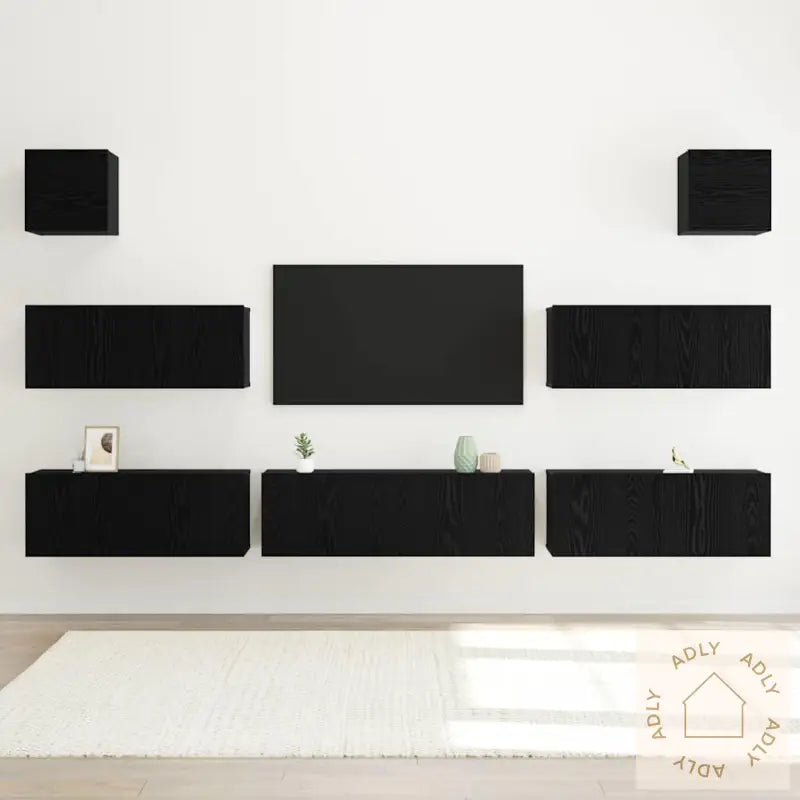 7 Piece Tv Cabinet Set Veggmontert Svart Eik Konstruert Tre