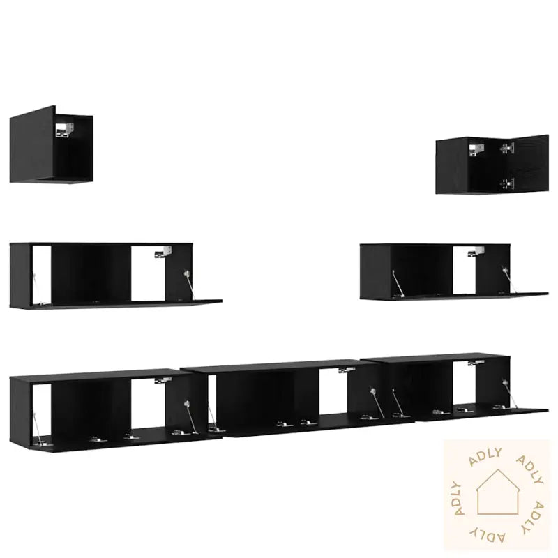 7 Piece Tv Cabinet Set Veggmontert Svart Eik Konstruert Tre