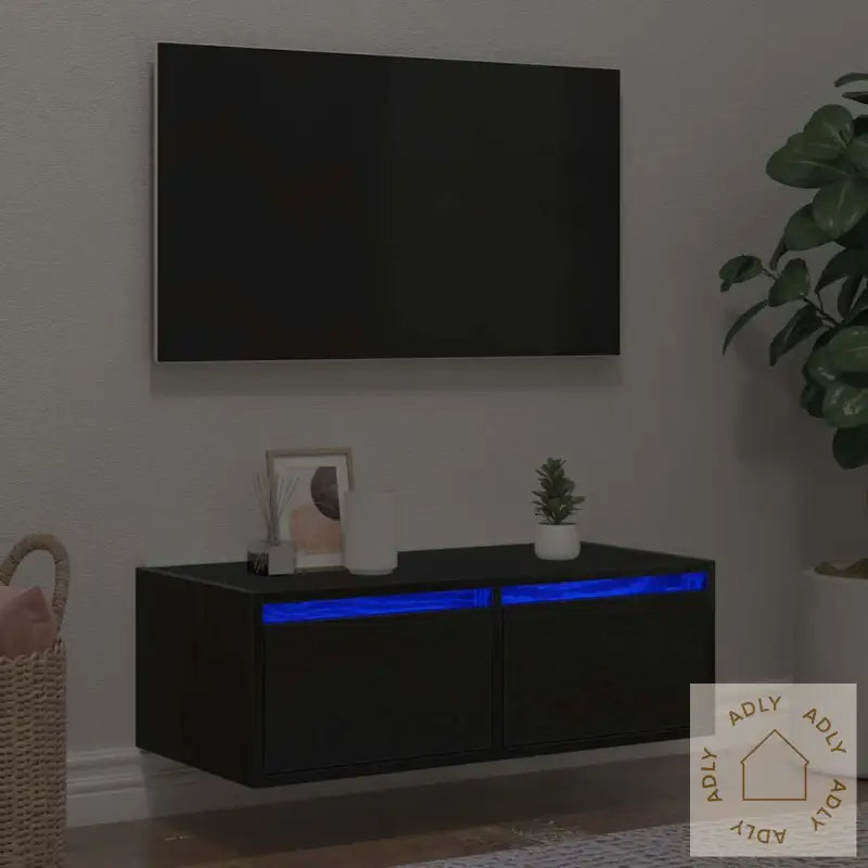 Tv-Benk Med Led-Lys Svart Eik 75X35,5X25 Cm