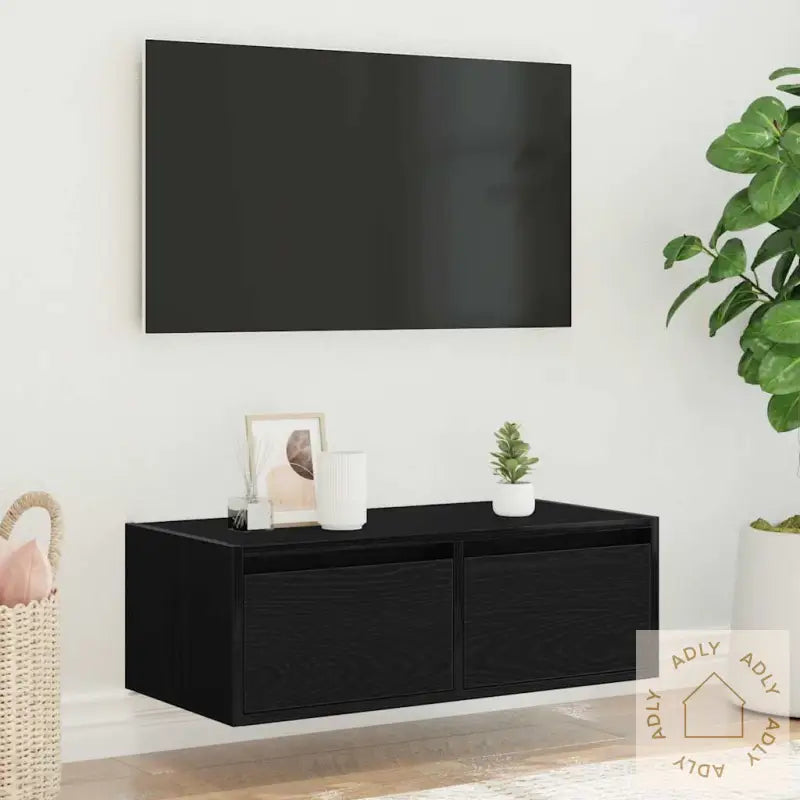 Tv-Benk Med Led-Lys Svart Eik 75X35,5X25 Cm