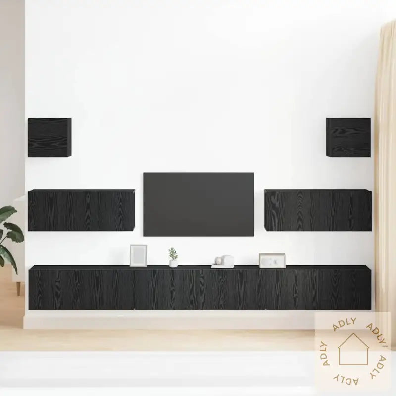 7-Delt Tv Skapsett - Veggmontert, Svart Eik, Konstruert Tre
