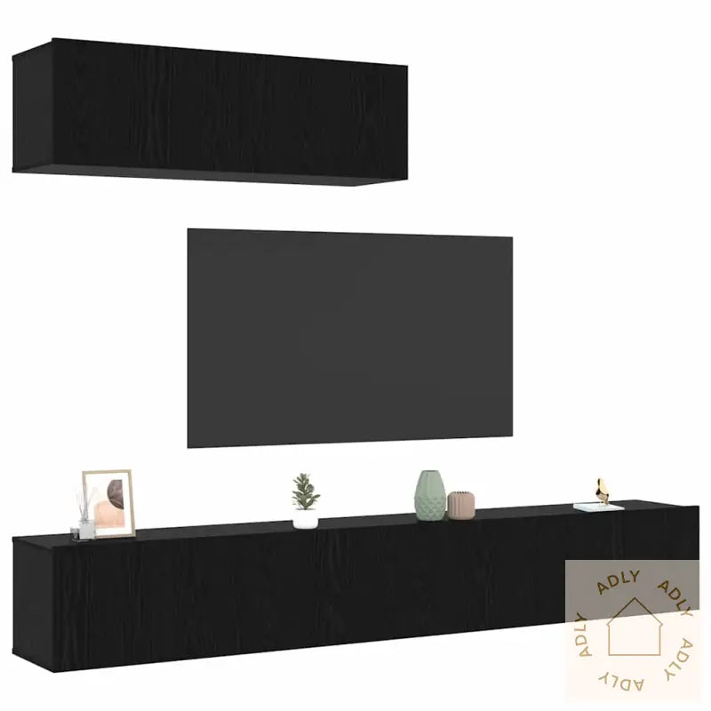 3-Delt Tv-Skapsett Veggmontert Svart Eik Konstruert Tre