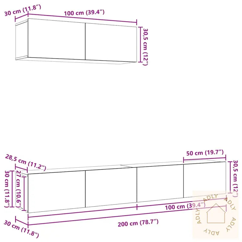 3-Delt Tv-Skapsett Veggmontert Svart Eik Konstruert Tre
