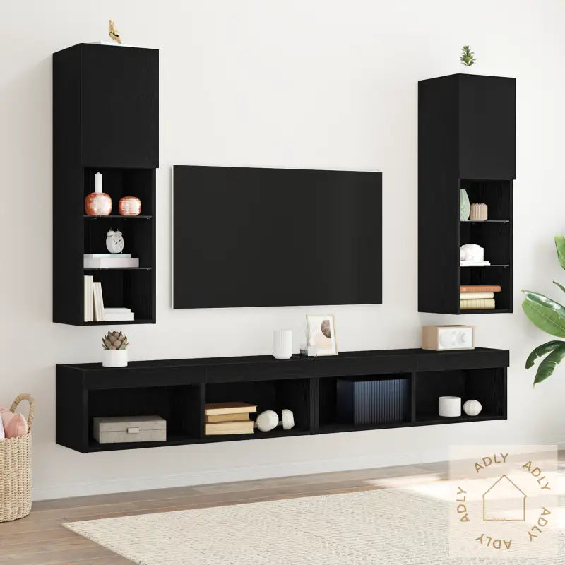 Led Tvskap 2 Stk Svart Eik 30,5X30X102 Cm Konstruert Tre