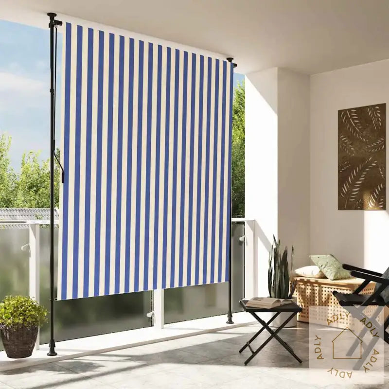 Utendørs Rullegardin Blå Og Hvit 200X270 Cm Stoff Og Stål