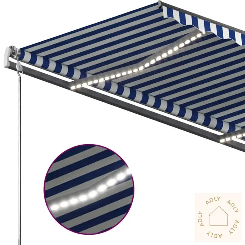 Manuell Uttrekkbar Markise Med Led 450X300 Cm Blå Og Hvit