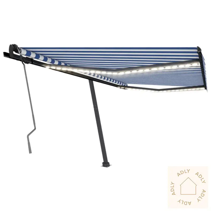 Manuell Uttrekkbar Markise Med Led 400X350 Cm Blå Og Hvit