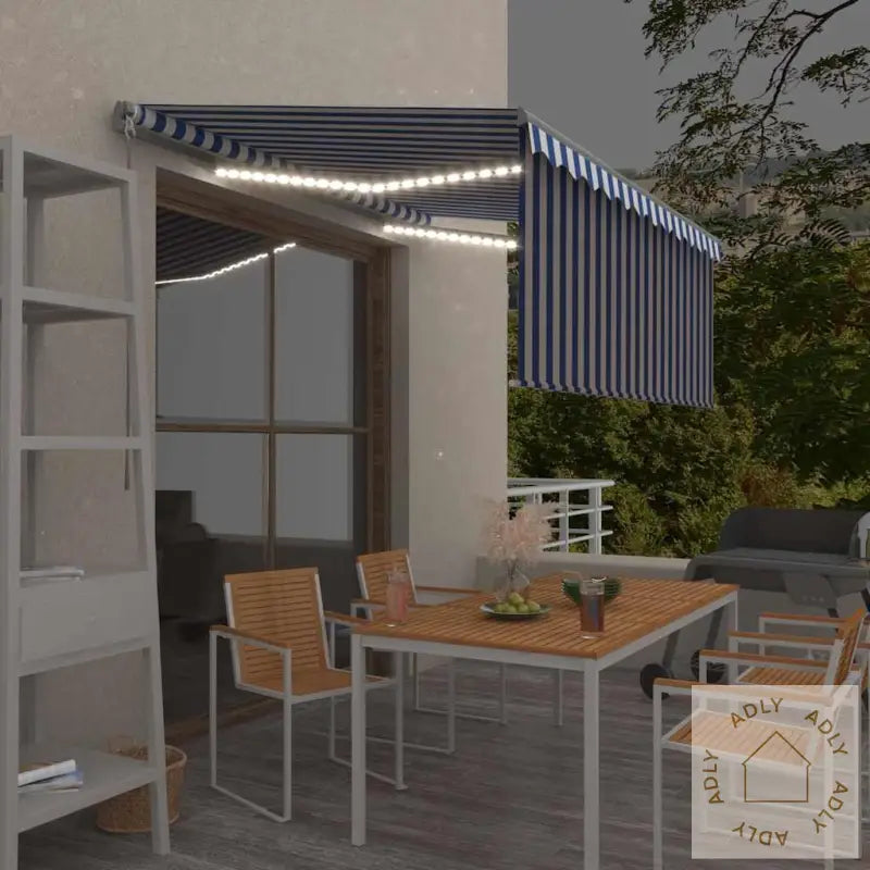 Manuell Uttrekkbar Markise Rullegardin&Led 3,5X2,5 M Blå Hvit