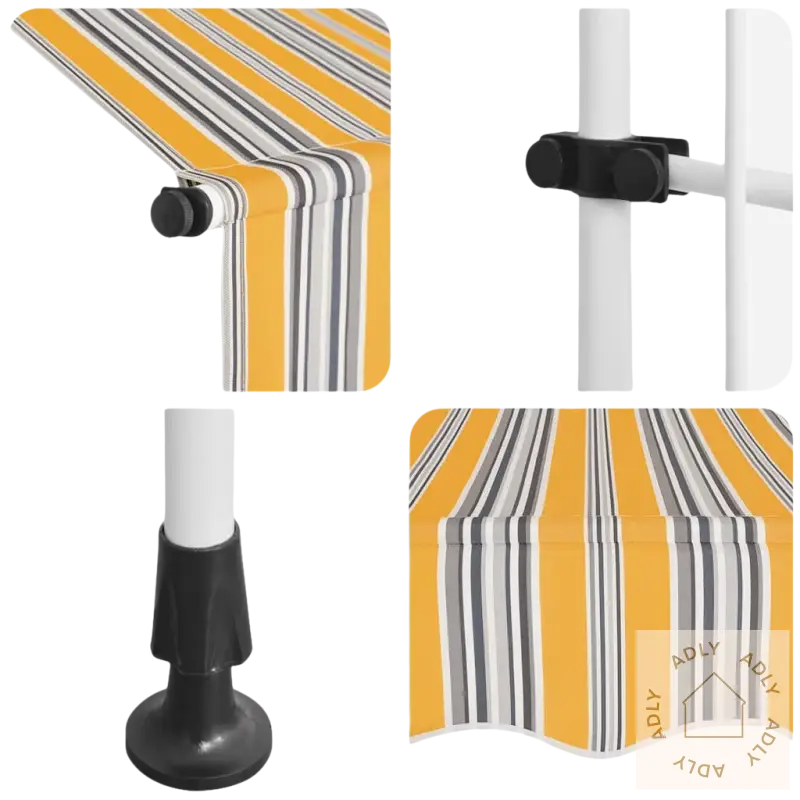 Bildet viser detaljer av en striped awning på en uttrekkbar markise perfekt for terrasse, balkong og hage