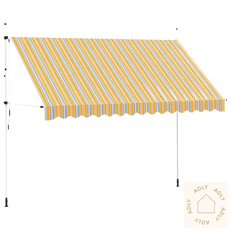 Stripey gul og hvit awning som viser en uttrekkbar markise perfekt for terrasse