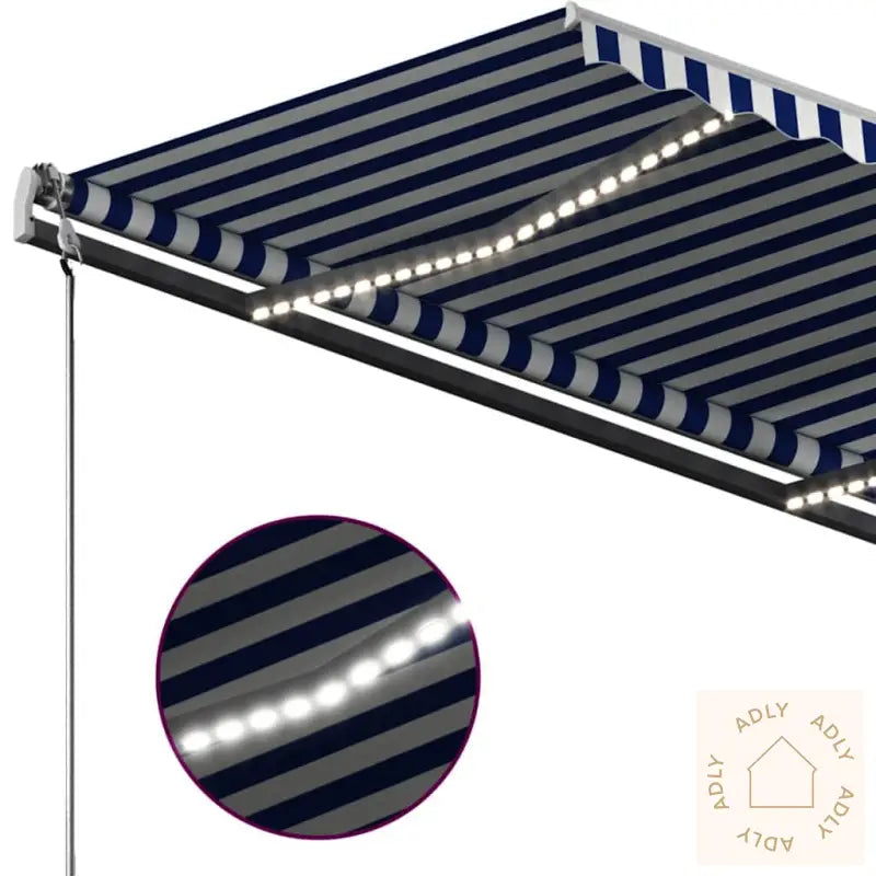 Manuell Uttrekkbar Markise Med Led 300X250 Cm Blå Og Hvit