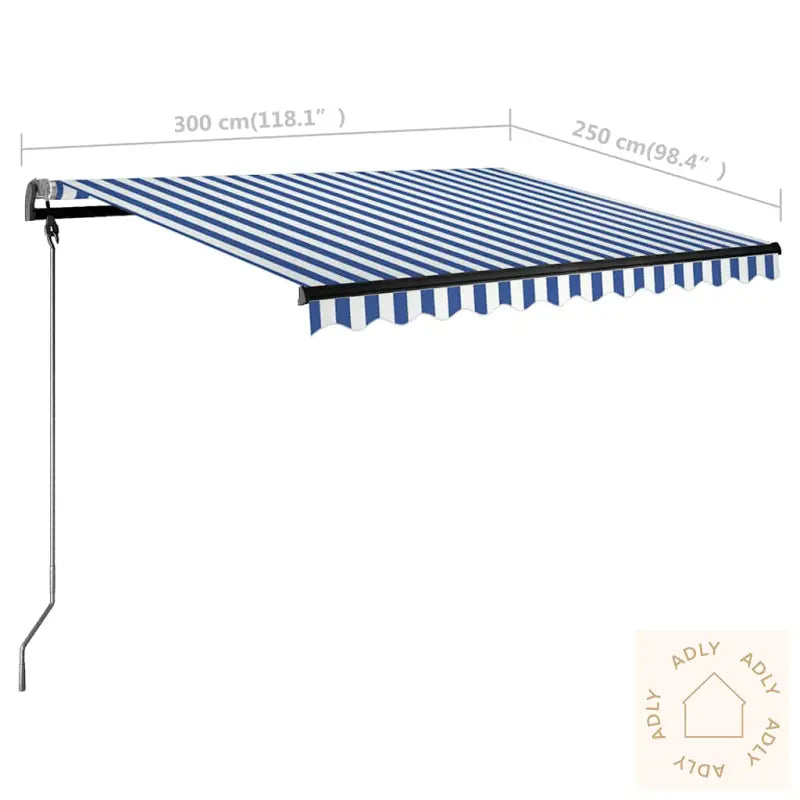 Manuell Uttrekkbar Markise Med Led 300X250 Cm Blå Og Hvit