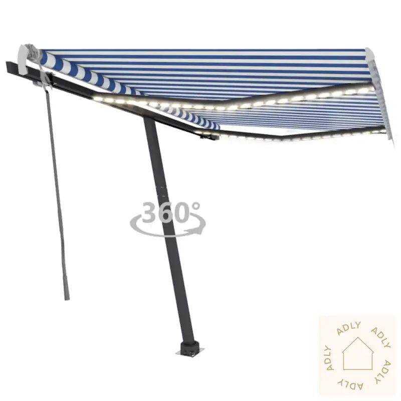 Manuell Uttrekkbar Markise Med Led 300X250 Cm Blå Og Hvit
