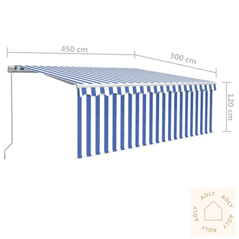 Manuell Uttrekkbar Markise Med Rullegardin 4,5X3 M Blå Og Hvit
