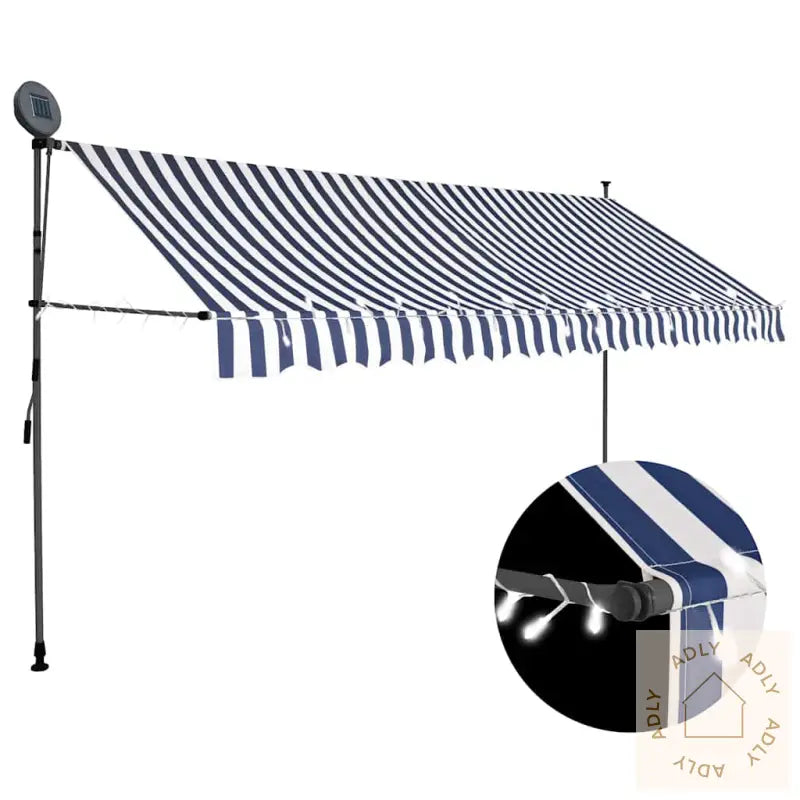 Manuell Uttrekkbar Markise Med Led 350 Cm Blå Og Hvit