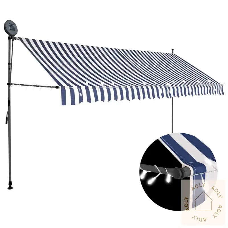 Manuell Uttrekkbar Markise Med Led 400 Cm Blå Og Hvit