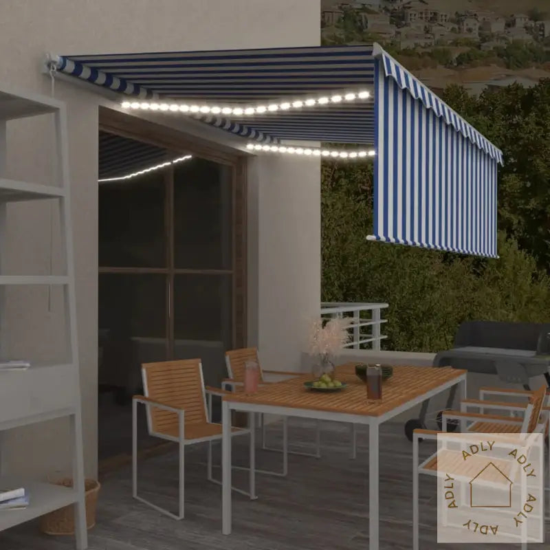 Manuell Uttrekkbar Markise Rullegardin Og Led 4,5X3 M Blå Hvit
