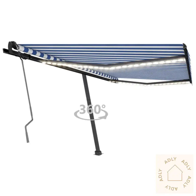 Manuell Uttrekkbar Markise Med Led 450X350 Cm Blå Og Hvit