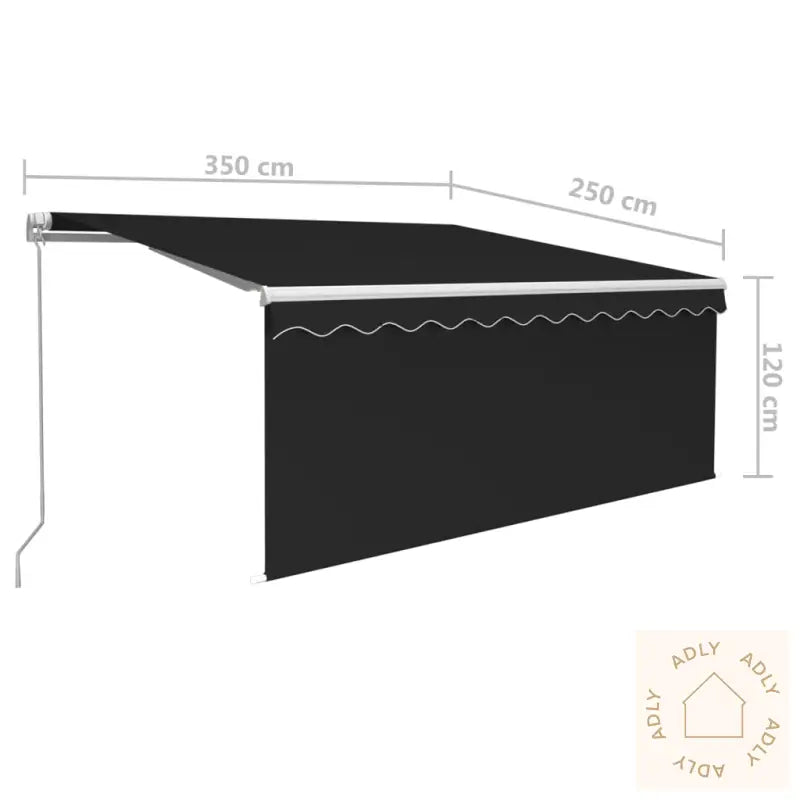 Sort uttrekkbar markise med dimensjoner, perfekt for hagemøbler og møbler til hjemmet
