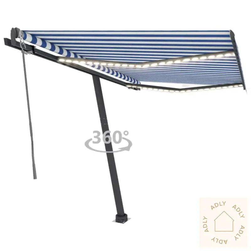 Automatisk Markise Med Led Og Vindsensor 300X250 Cm Blå Og Hvit