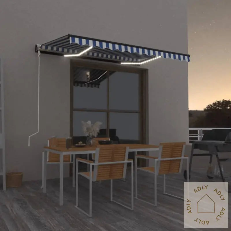 Automatisk Markise Med Led Og Vindsensor 300X250 Cm Blå Og Hvit