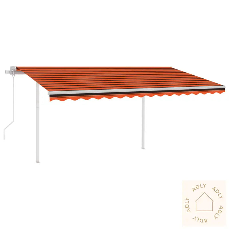 Orange og svart striped markise i pulverlakkert aluminium for uteplass og hagemøbler