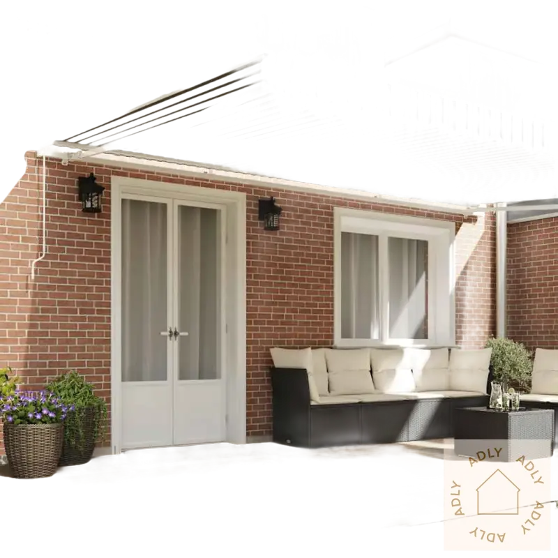 Stripet uttrekkbar markise i pulverlakkert aluminium for terrassen, perfekt til hagemøbler