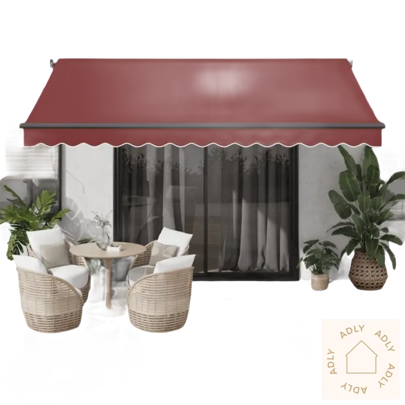Burgundy patio awning i pulverlakkert aluminium for hagemøbler og terrassebruk
