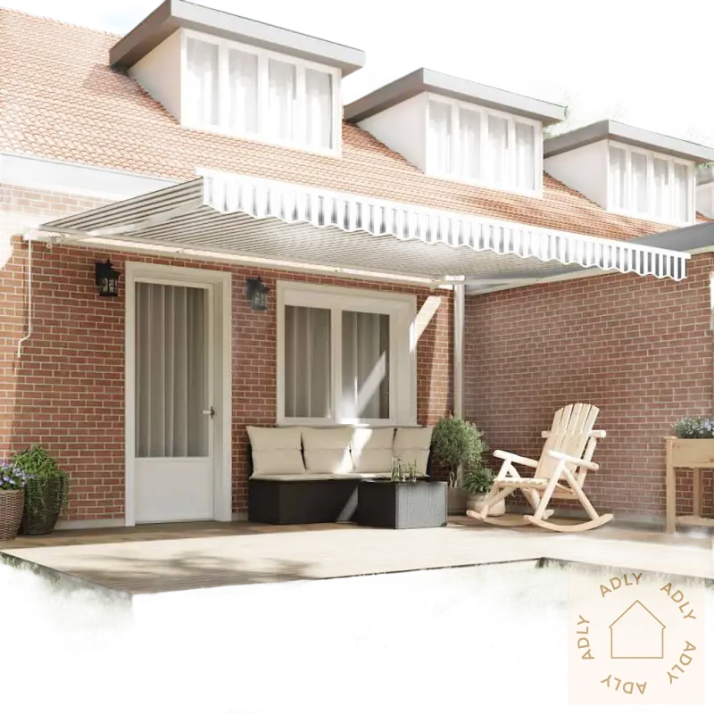 Stripet uttrekkbar markise i pulverlakkert aluminium for hagemøbler på terrassen