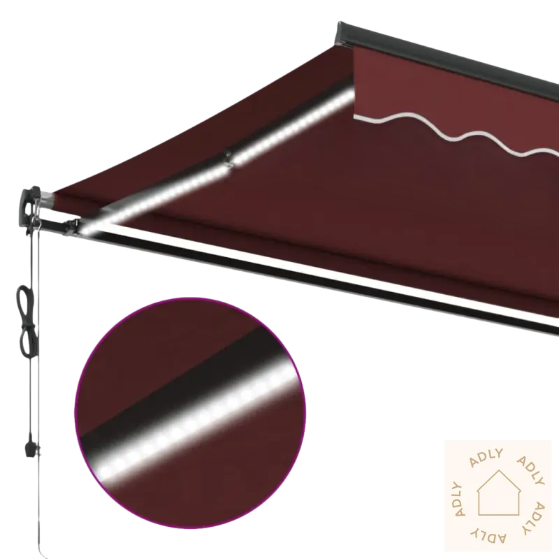 Maroon awning med LED-lys, uttrekkbare markisen i pulverlakkert aluminium til hagemøbler