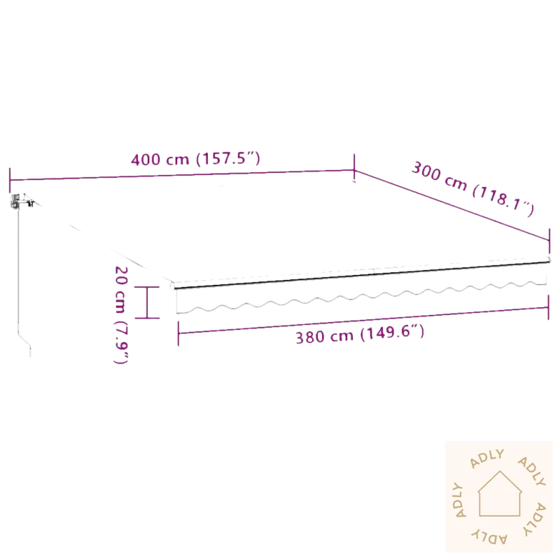 Bild som viser utvendige mål på uttrekkbare markisen i pulverlakkert aluminium for hagemøbler