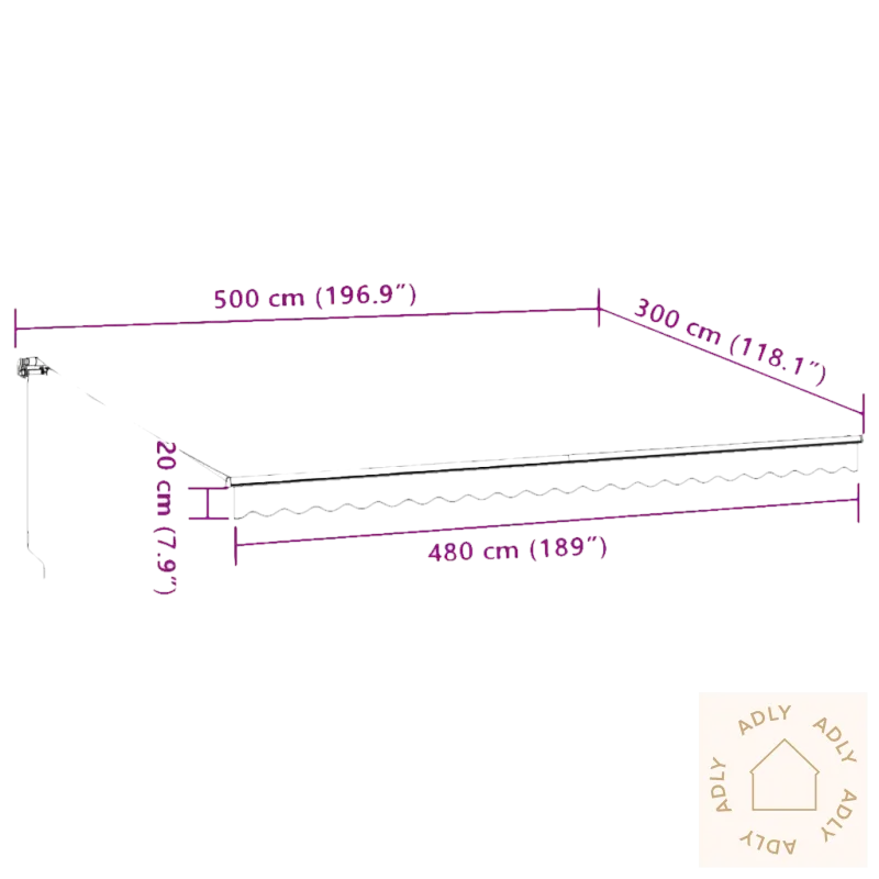 Bilde av uttrekkbare markisen i pulverlakkert aluminium med dimensjoner for hagemøbler