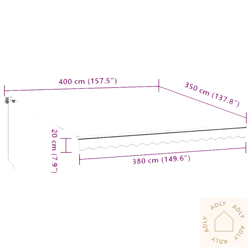 Bilde av uttrekkbare markisen i pulverlakkert aluminium med dimensjoner for terrassen