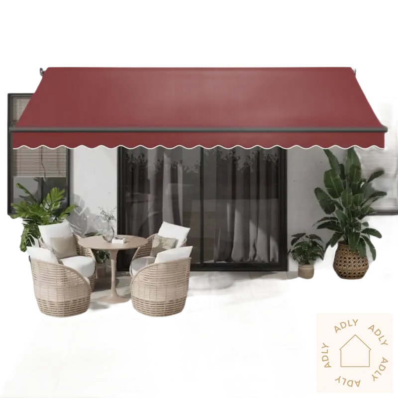 Burgundy awning med scalloped edge, perfekt for hagemøbler i pulverlakkert aluminium
